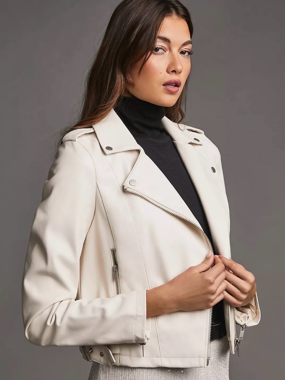 Anthropologie Saige Ivory Moto Jacket - size Large faux leather
